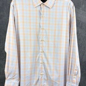 David Donahue Men's Check Button Down Shirt Orange & Blue Long Sleeve Size XL